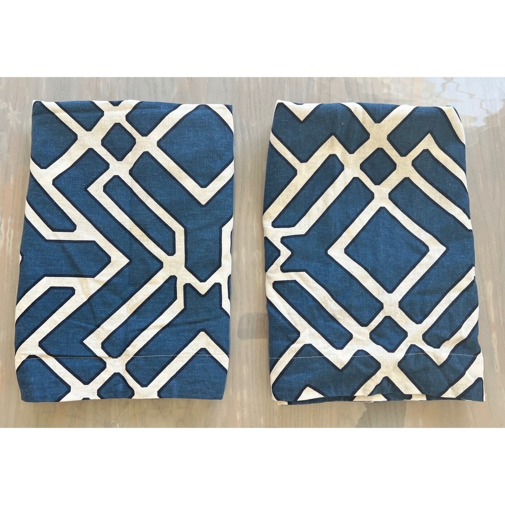 2 Pottery Barn Blue Geometric Linen Cotton Euro Pillow Shams